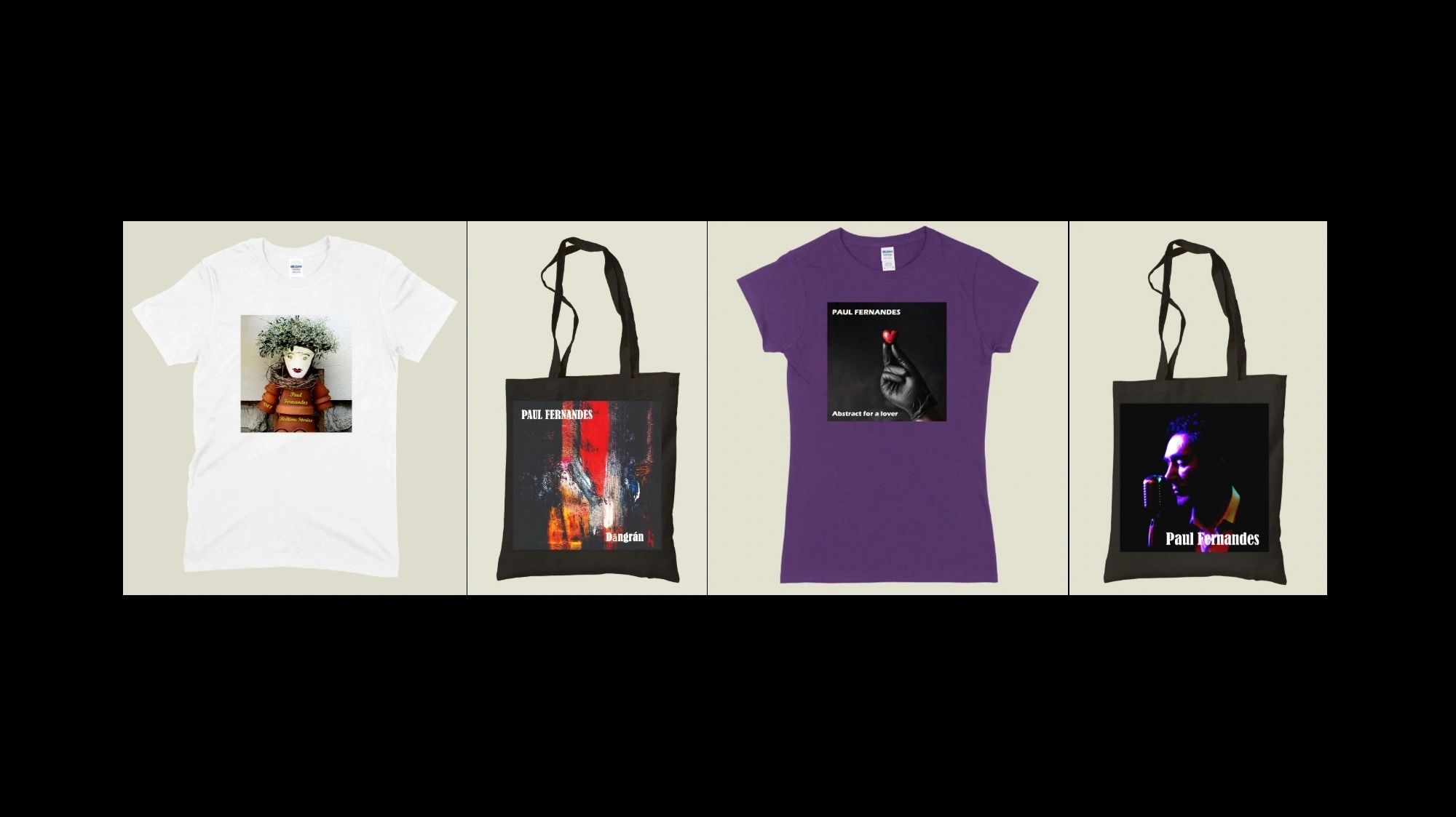 Paul Fernandes merchandise — t-shirts and tote bags